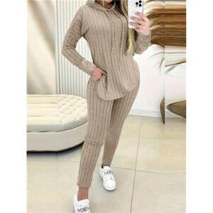 Long Sleeve Hooded Kangaroo Pocket Top And Slim-Fit Pants With Pockets